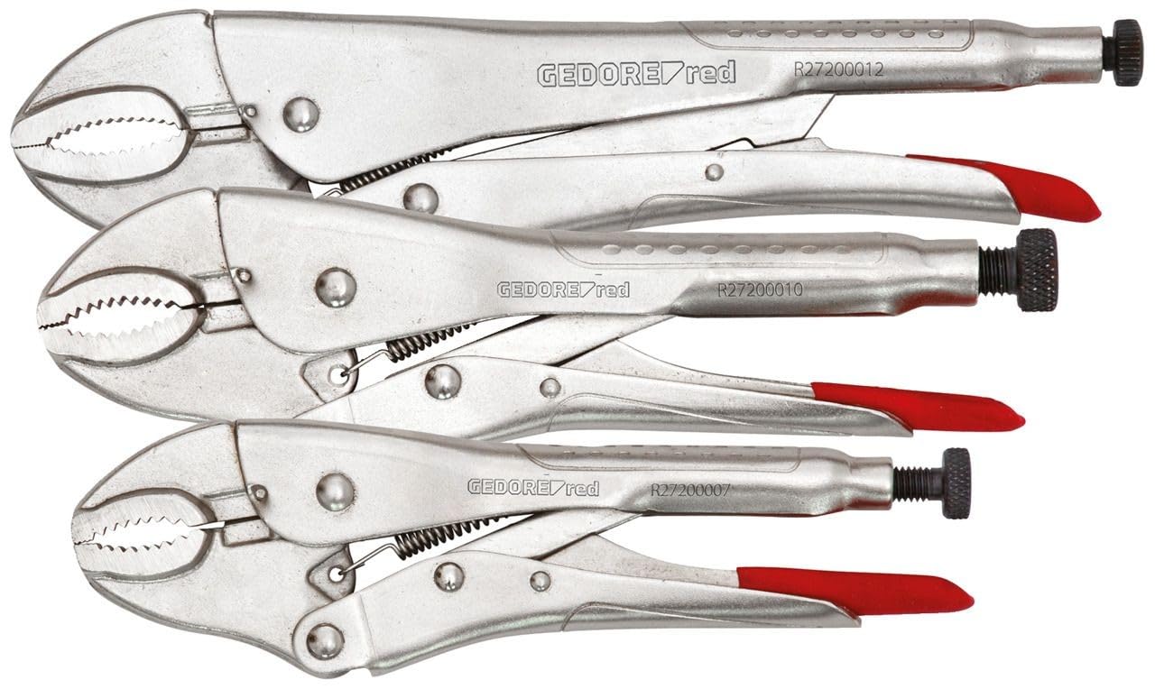 GEDORE Red Grip Pliers Set with Self-Clamp Function, 3 Pieces, 3.5-6 cm Span, Adjustment Screw and Release Lever, Chrome Vanadium Steel, 7, 10 and 12 Inch Length