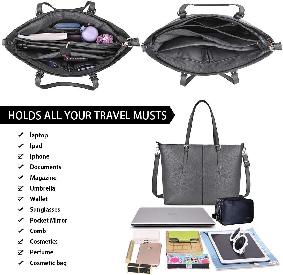 NUBILY Women Handbag Laptop Tote Bag 15.6 Inch Large Leather Shoulder Bag Designer Lightweight Computer Tote Bag Lady Stylish Handbags for Work Business School College Travel (Grey) - Image 4