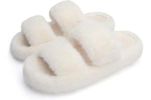 Chantomoo Women's Slippers Memory Foam Slippers for Women Fuzzy Comfy Faux Fur House Shoes Furry Bedroom Indoor Open Toe Slippers Two Bands Trendy Gift Slippers