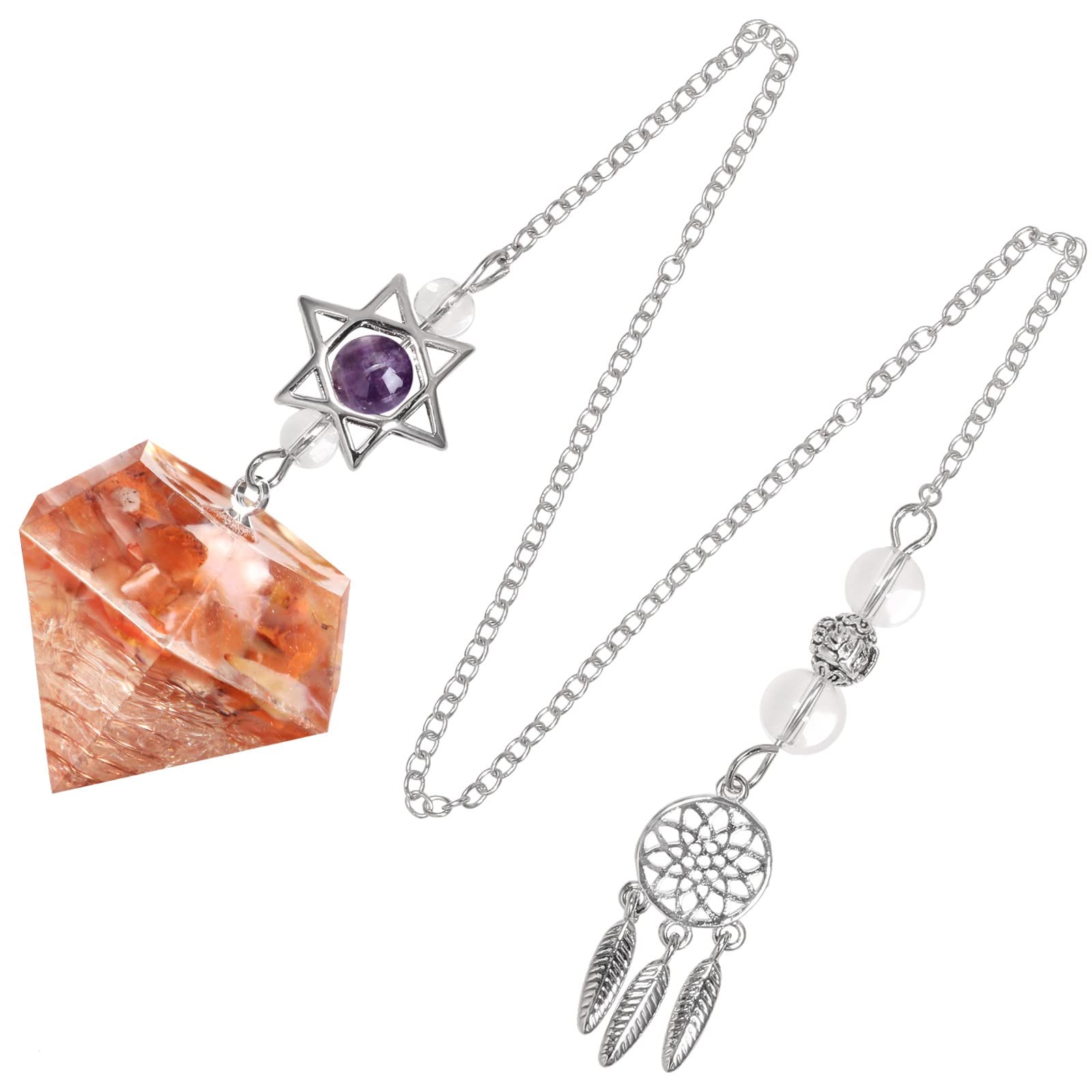 KYEYGWO Healing Crystal Point Pendulum with Dream Catcher and Star of David Necklace, Resin Pendulum Hexagon Crystal Stone Pendant, Carnelian