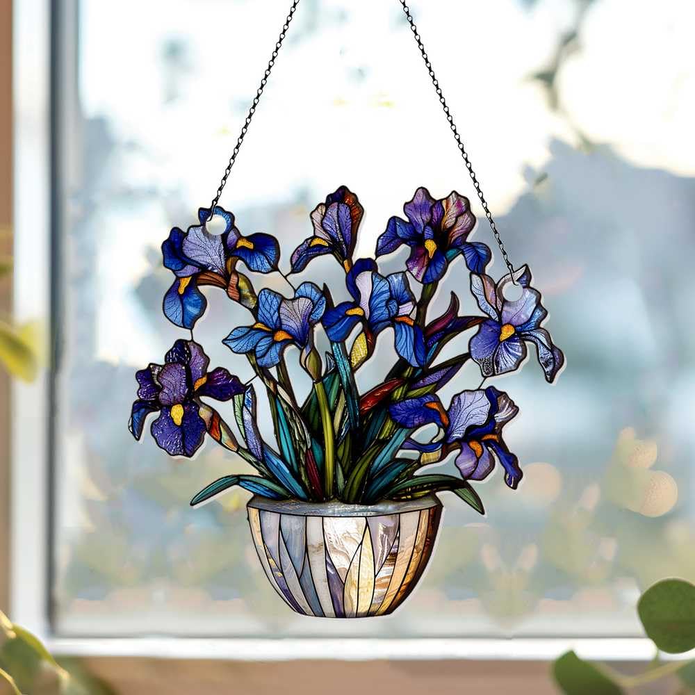 Photo 1 of Iris Pot Ornament Acrylic Window Hanging, Gift for Flower Lovers, Home Wall Room Hanging Decor, Christmas Decorations