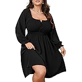 SHESTARR Womens Plus Size Cocktail Dress Fall Off Shoulder Long Sleeve Square Neck Smocked Waist Flowy A Line Short Dress