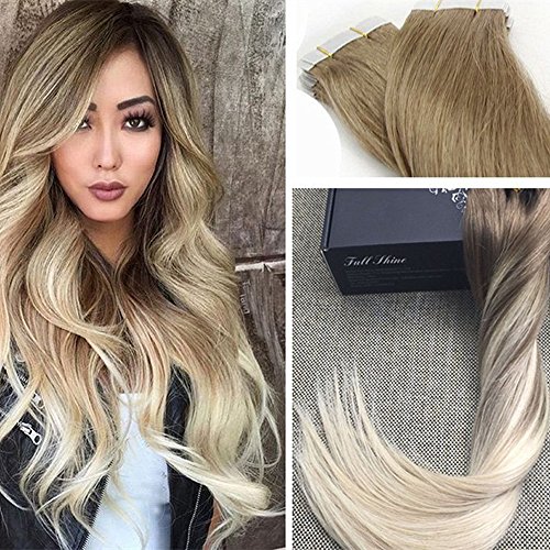 Fshine 18" Tape in Real Hair Extentions Full Head Remy Hair Extensions Balayage Ombre Hair Extensions Color #8 Fading to #60 Plautinum Blonde Glue in Hair Extensions Human Hair 50g 20 Pcs/Package