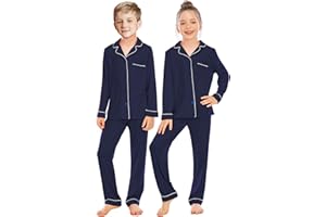 Veseacky Unisex Girls Boys Pajamas Long Sleeve Sleepwear Button-Down 2 Pcs Pjs Set for 5-14 Years