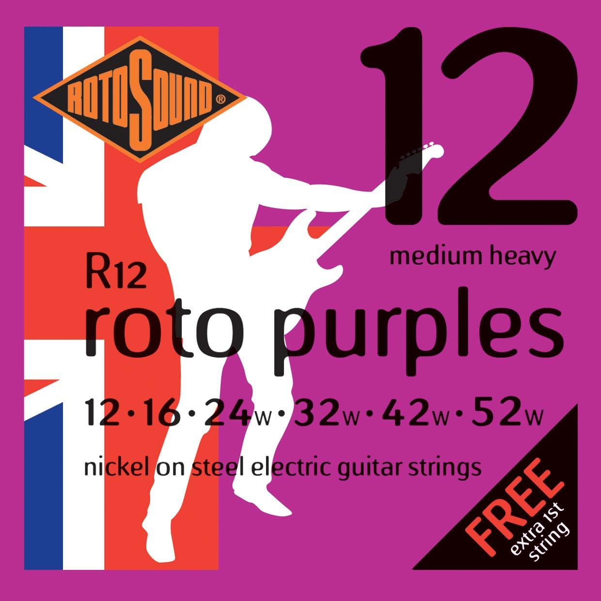 Rotosound R12 Nickel Medium/Heavy Gauge Electric Guitar Strings (12 16 24 32 42 52), Set Purples 12-52 R12