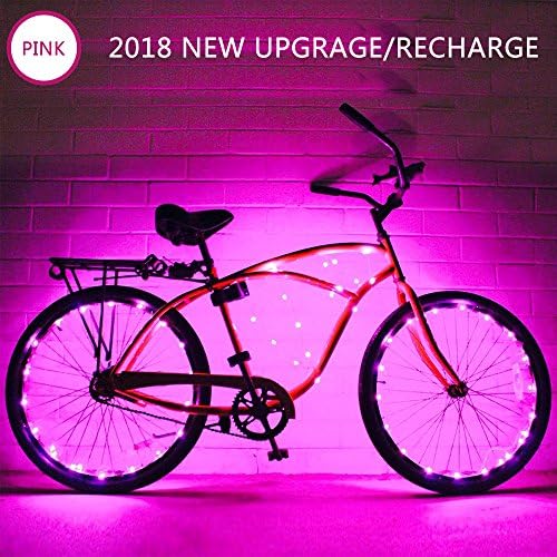 LEDMEI LED Bike Wheel Light Rechargeable Waterproof Bicycle Tire Light Strip Safety Spoke Lights Cool Bike Accessories Light Up Wheels Lightweight 2 Modes Include Battery by (Pink)