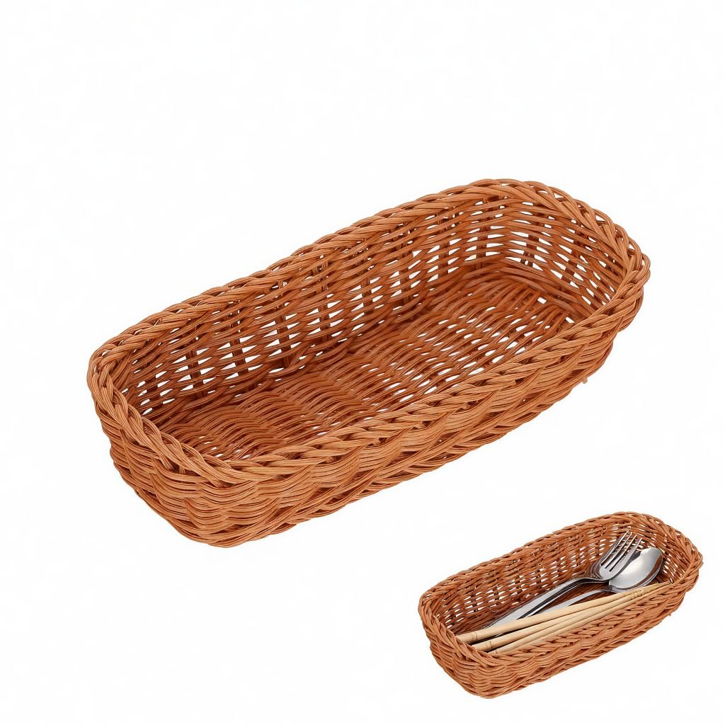 DOITOOL Wicker Cutlery Storage Basket for Table Plastic Rattan Flatware Holder Container for Chopsticks Knife and Fork Organizer 2.4X4.3X2.4 Inch