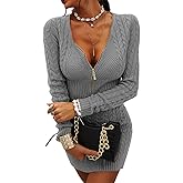 Veatzaer Womens Zipper V-Neck Casual Slim Fit Sweater Dress Long Sleeve Solid Sweaters Knit Mini Dress