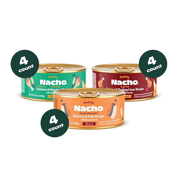 MADE BY NACHO PREMIUM MINCED WET CANNED CAT FOOD WITH HYDRATING BONE BROTH 5.5OZ (12 PACKS) (VARIETY PACK (TURKEY & TURKEY LIVER, CHICKEN & HERRING, AND SALMON & SOLE))