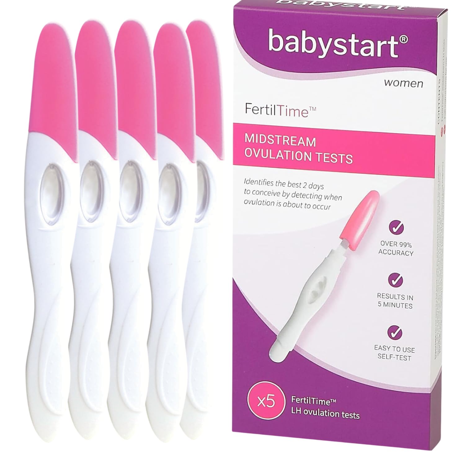 Babystart FertilTime Ovulation Tests, 5X LH Test Strips Sticks, Midstream Hormone Testing - Easy Home Ovulation Tests, Fertility Test Kit for Women Trying for a Baby - Natural Cycles Predictor Kits