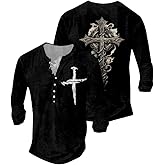 Mens Jesus Cross T Shirts Big and Tall Regular Fit Faith Graphic Distressed Shirts for Men Long Sleeve Button Henley Shirts