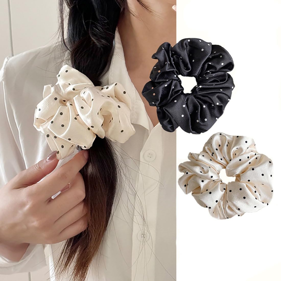 Cubahop Stretchy Ponytail Holders Super Fairy Pearl Polka Dot Large Intestine Circle Hair Circle Women's Ponytail Hair Rope Tie Head Rope Rubber Band Hair Accessories (ColorA-2pcs, One size)