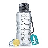 50oz Water Bottle Timer Reminder, Measuring Lines Container, Clear Tritan Plastic, BPA Free, Flip Top, Leak Proof Lid, Motivational Reminder Bottles, Reusable Time Markings for Drinking