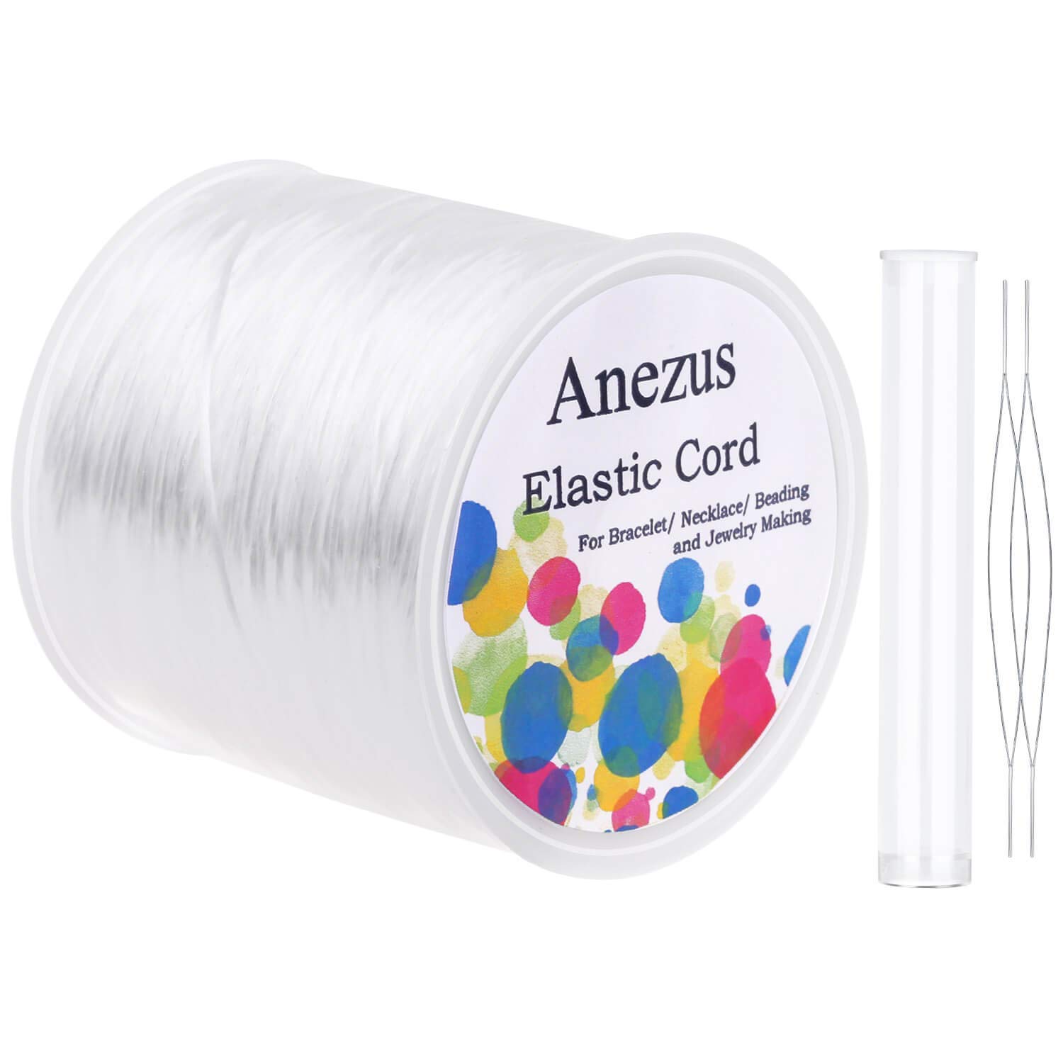 Stretchy String for Bracelets, Anezus Elastic String Jewelry Bead Cord with 2pcs Large Eye Beading Needles for Seed Beads, Pony Beads, Bracelets and Jewelry Making White