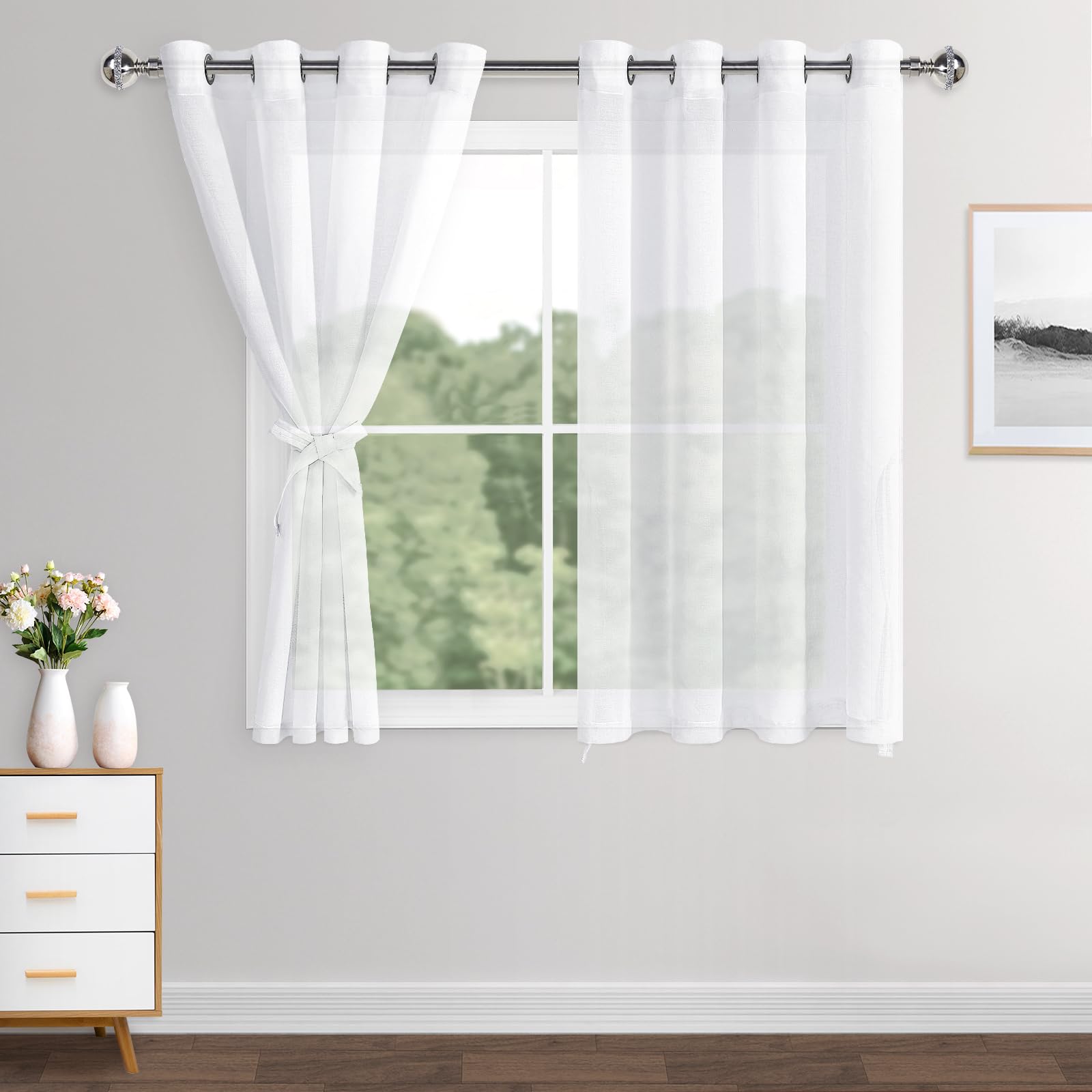 XWZO Sheer Curtains 2 Panels Linen Look Voile Curtains Semi Transparent Grommet Tieback Window Curtains for Bedroom,Light Filtering,Airy & Breathable Voile Drapes,White,W55*L57