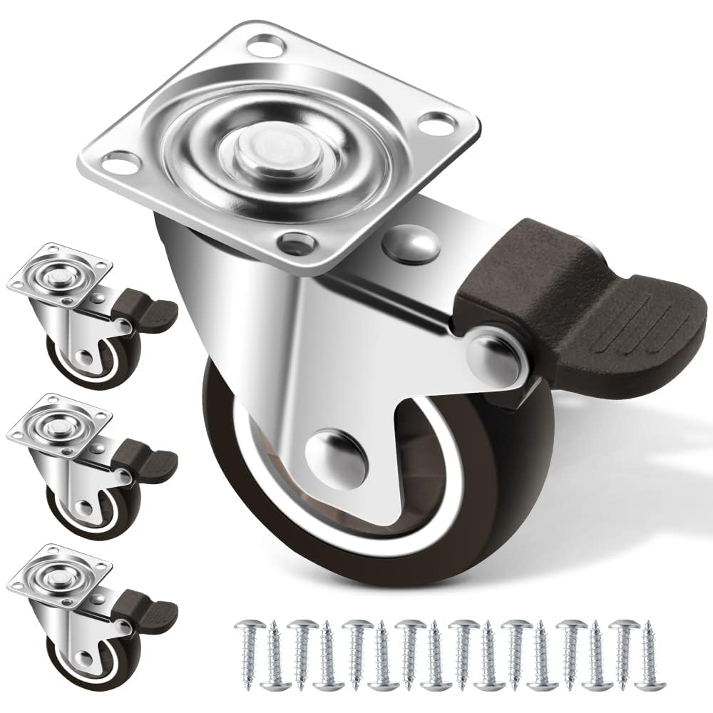 Set of 4 Furniture Castors 50 mm, Heavy Duty Castors with 4 Brakes, Castors for Furniture, Transport Castors with 100 kg Total Capacity, 360° Rotating Swivel Castors, Fixed Castors for Table (Black