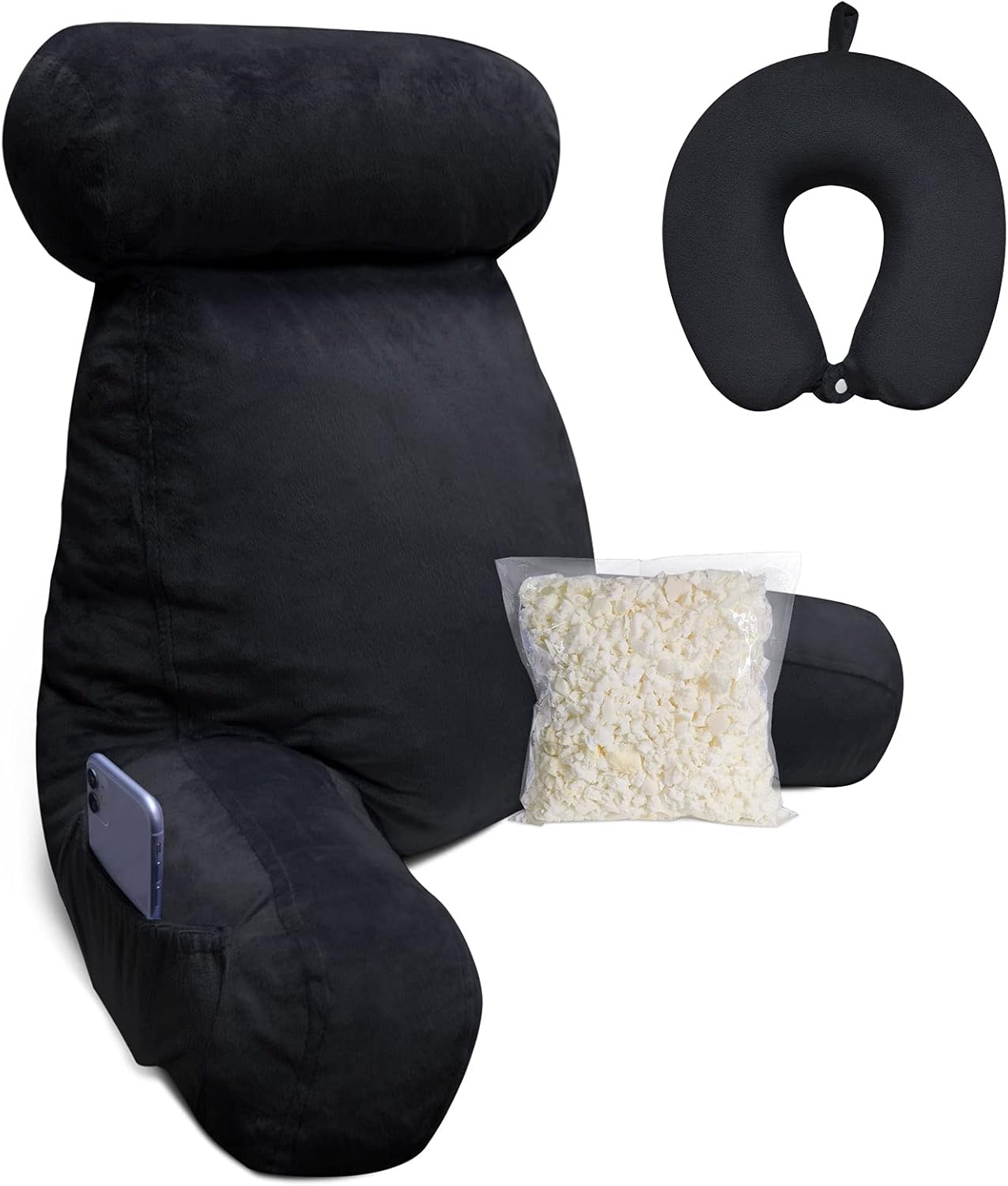 Britimes Reading Pillow with Arms, Pockets, Neck Roll and Memory Foam, Perfect for Back Support, Backrest Pillows for Sitting in Bed, Floor or Sofa, Black: Kitchen & Dining