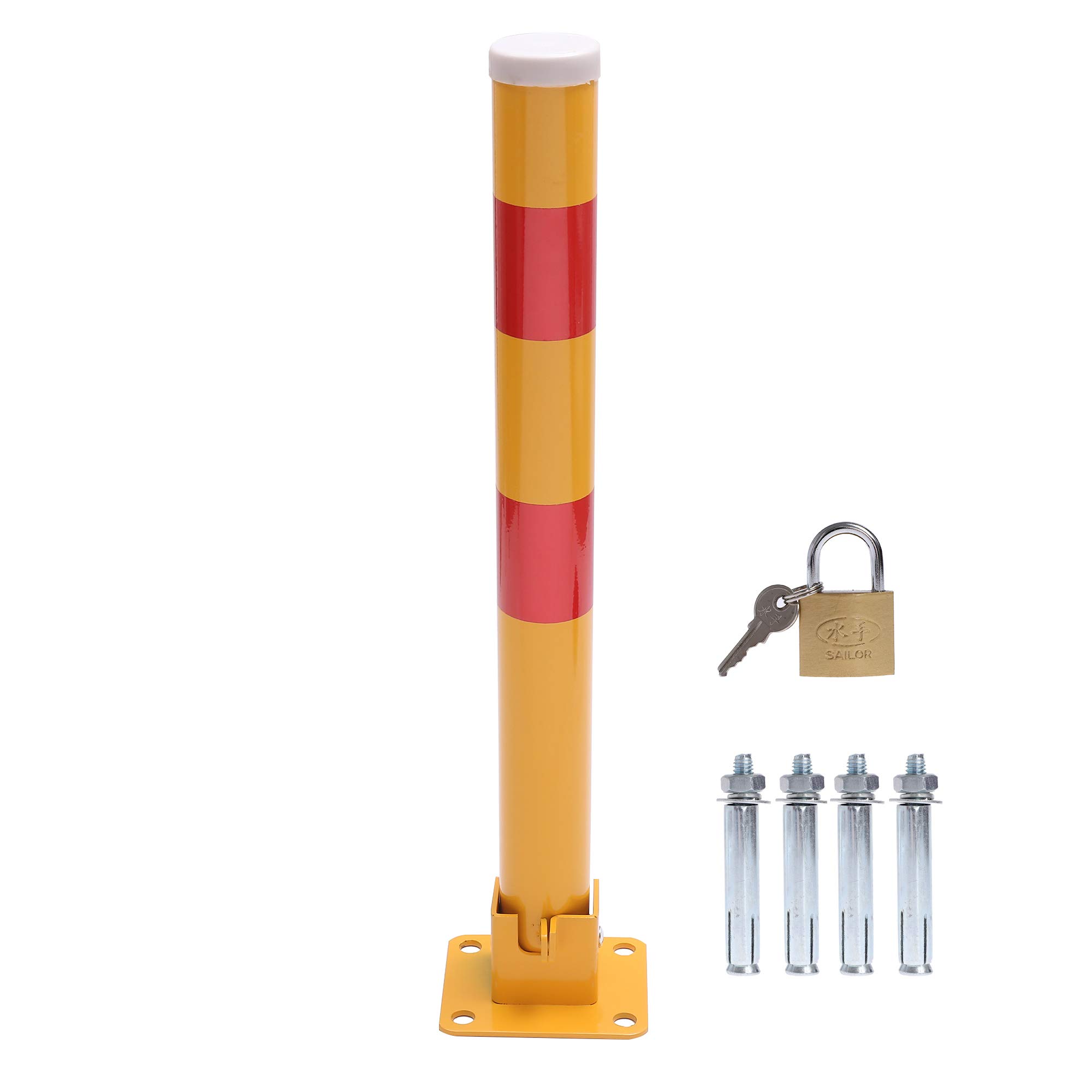KATSU Car Parking Space Lock Bollard, High Visibility Yellow and Red Lockable Fold Down Car Parking Barrier Post, Private Car Park Driveway Guard Saver Blocker, 60cm Height, Budget Range