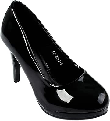 Amazon.com | George01 Black Simple Classic Faux Patent Round Toe Stiletto Heel Platform Formal 