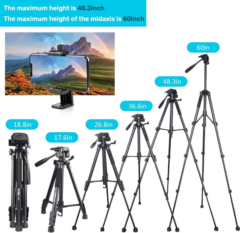 Torjim 60” Camera Tripod with Carry Bag, Lightweight Travel Aluminum Professional Tripod Stand (5kg/11lb Load) with Bluetooth Remote for DSLR SLR Cameras Compatible with iPhone & Android Phone-Black : Camera & Photo
