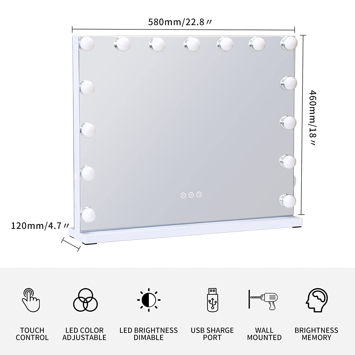 Vanity Mirror with Lights Lighted Makeup Mirror with 15 Dimmable LED Bulbs,3 Color Lighting Modes,USB Charging Port Touch Control,Sturdy Metal Frame Design 24x18 Inch,White