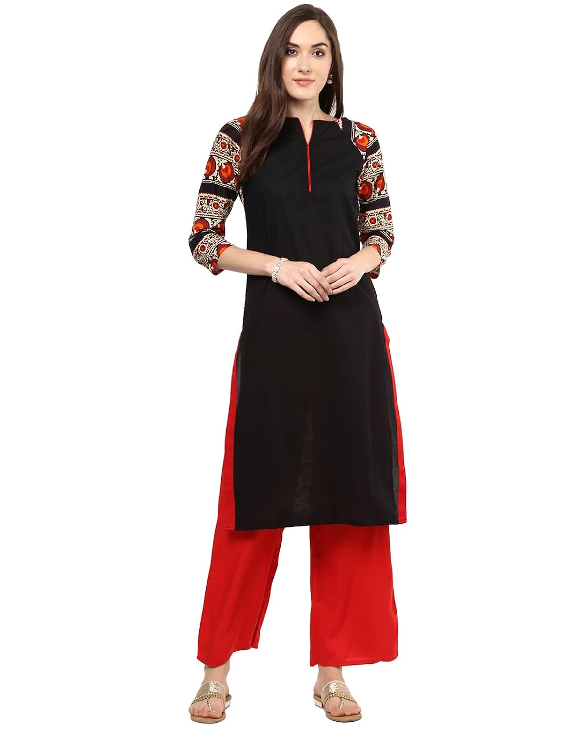 jaipur kurti black solid kurta with red palazzo set