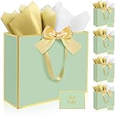 Ethhqu 5 Pack Elegant Large Gift Bags with Handles, 12.6x10x4 Inches - Includes Tissue Paper & Cards for Birthday, Baby Shower, Wedding, Anniversary, Christmas & Holiday Gifts (5Pcs Sage Green with Gold Rim)