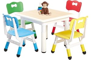 FUNLIO Height Adjustable Kids Table and 4 Chairs Set, 5 pcs Toddler Table and Chair Set for Ages 3-8, Easy to Wipe Arts & Cra