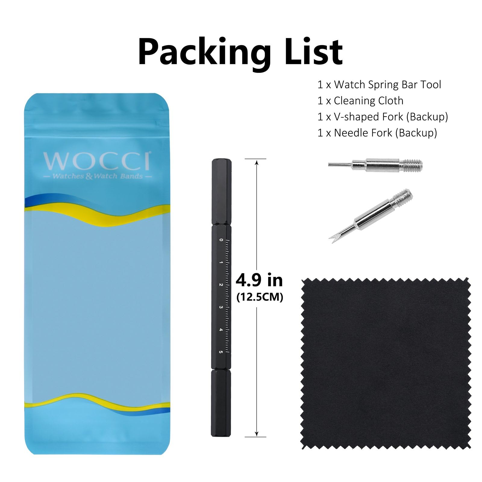 WOCCI Premium Repair Tool Kit for Remove Install Watch Bands Spring Bars Pins - Stainless Steel Tool with Caps, Replacement Fork and Cleaning Cloth