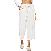 LNX Womens Linen Capri Pants Wide Leg High Waisted Drawstring Casual Cropped Pants with Pockets