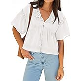 Cicy Bell Womens Cropped Babydoll Tops Summer Eyelet V Neck Short Sleeve Cute Blouses Ruffle Shirts