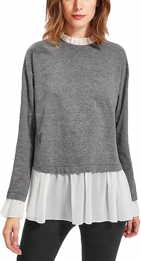 Download Contrast Ruffle Trim Heather Knit Sweatshirt Long Sleeve ...