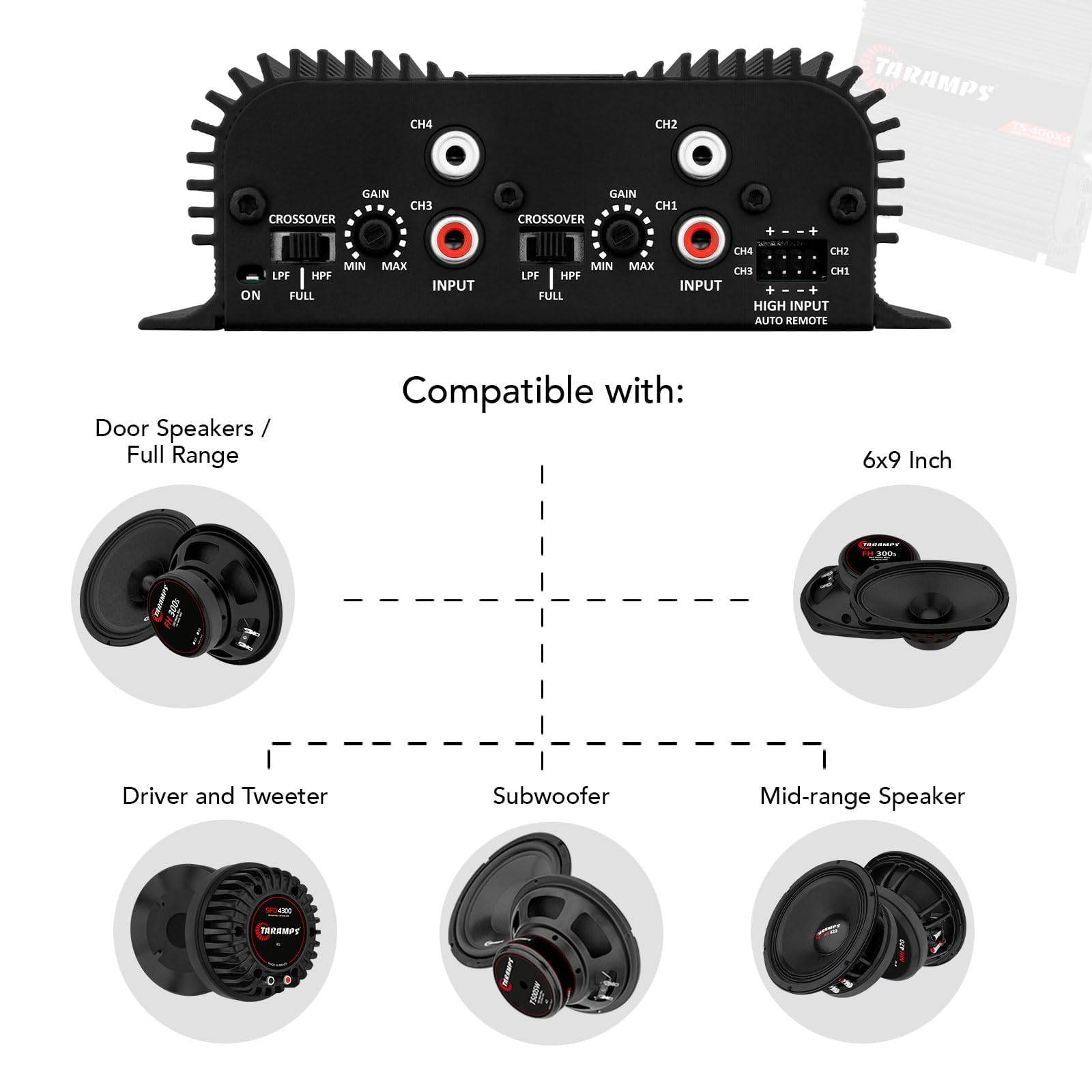 Taramps TS 400x4 Black with Automatic High Level Input 400 watts RMS 4 Channels Full Range Car Audio Amplifier RCA Input Class D 2 Bridged Channels Multichannel Amplifier System