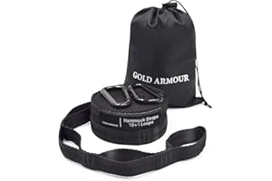 Gold Armour Hammock Straps XL Combined 20 Ft Long, 36 Loops with 2 Carabiners - Must Have Camping Hammock Accessories & Gear to Hang Camping Hammocks (Black with Black Stitching)