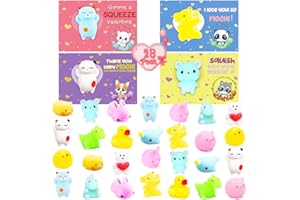 LUKBERA 28 Packs Kawaii Animals Mochi Squishy Toys with Valentines Day Gift Cards, Squishies Stress Relief Fidget Squeeze Toys for Kids Classroom Exchange Gifts School Prizes Valentine Party Supplies