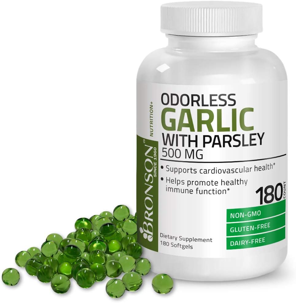 Bronson Odorless Garlic with Parsley Capsules 500 mg - Supports Cardiovascular Health - Promotes Immune Function, Non-GMO, 180 Softels: Health & Personal Care