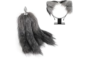 ZAHIKA Anal Plug Fox Tail and Ear, Fluffy Tail Butt Plug Anal Sex Toy with 4 Types of Detachable Plugs Cute Sexy Cosplay Erot