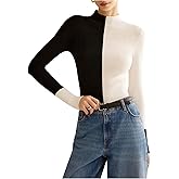 SweatyRocks Women's Color Block High Neck Sweaters Long Sleeve Fitted Pullovers Fall Jumper Tops