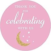 Pink Thank You Moon Stickers, Girl Baby Shower or Birthday Party Favors Sticker Labels, 2 inch, 40-Pack
