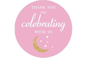 MAGJUCHE Pink Thank You Moon Stickers, Girl Baby Shower or Birthday Party Favors Sticker Labels, 2 inch, 40-Pack