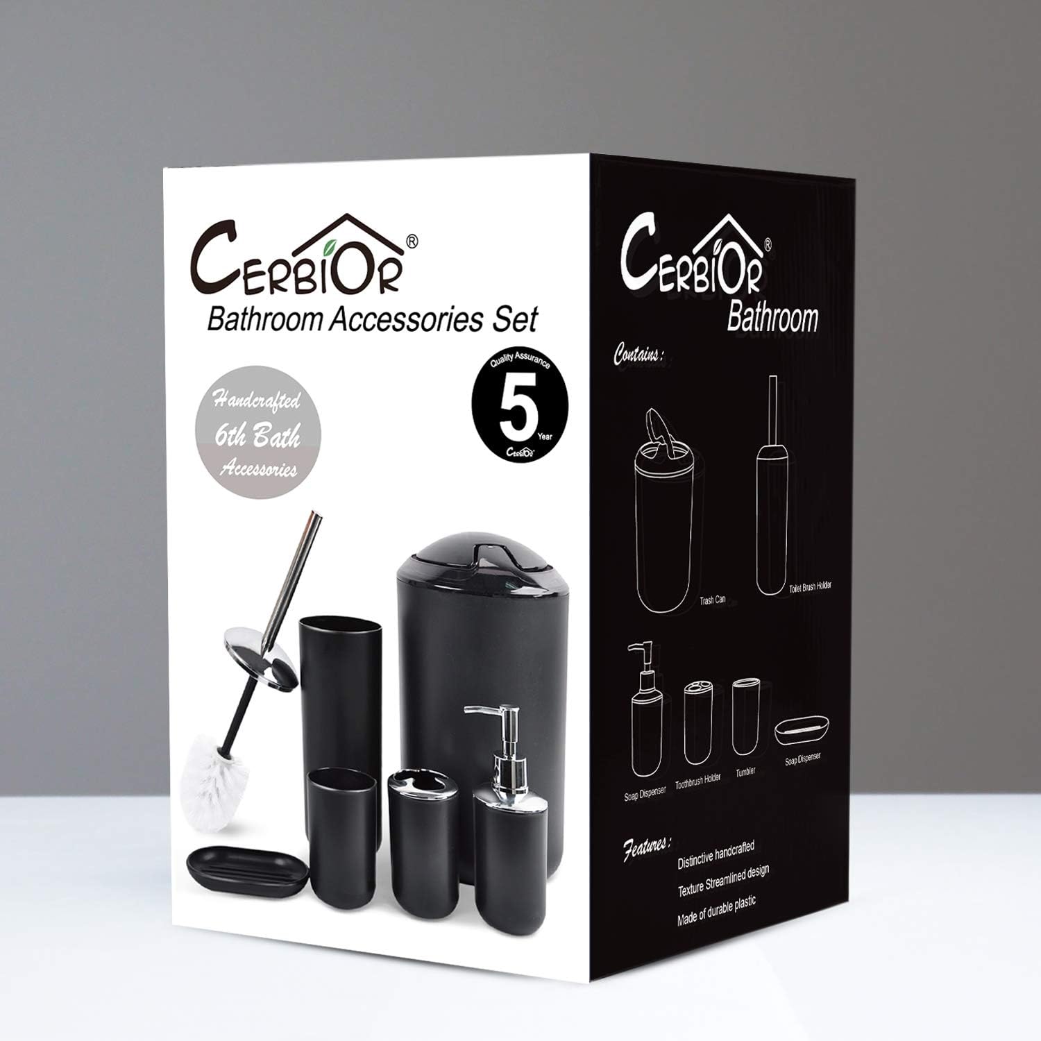 CERBIOR Bathroom Accessories Set 6 Piece Bath Ensemble Includes Soap Dispenser, Toothbrush Holder, Toothbrush Cup, Soap Dish for Decorative Countertop and Housewarming Gift, Black: Home & Kitchen