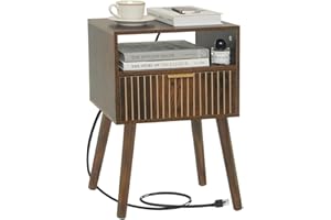MAXSMEO Mid Century Modern Nightstand with Charging Station, Wood Bedside Table with Drawer, Modern End Table for Bedroom and Small Spaces, Easy Assembly, Rustic Brown