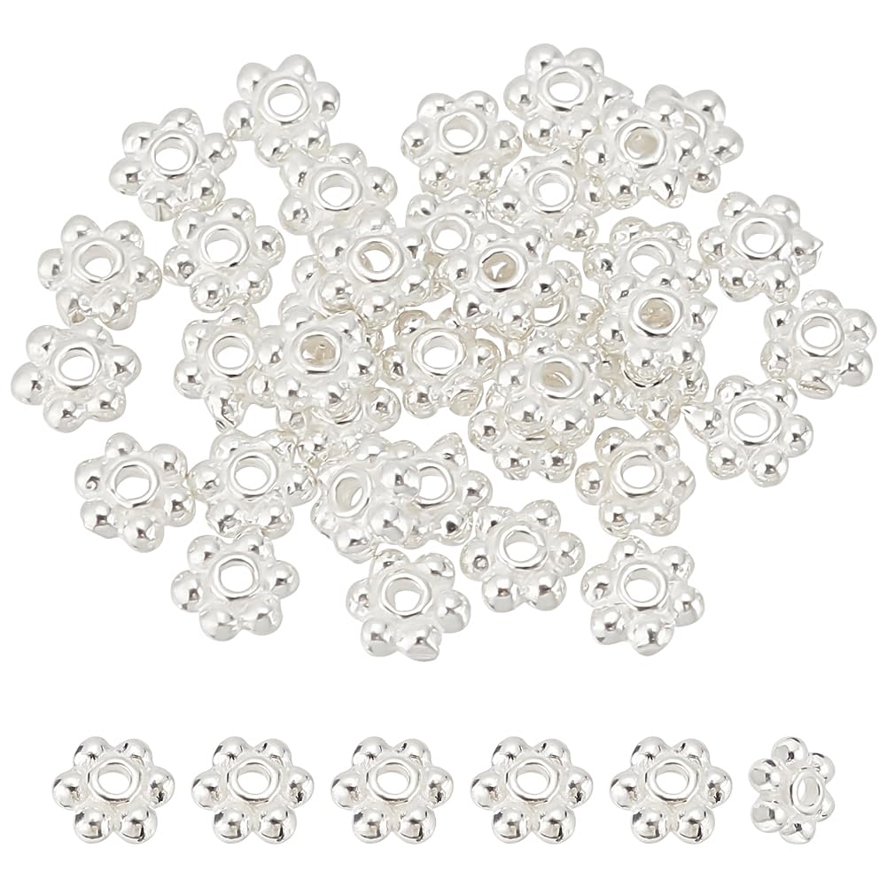 BENECREAT 40PCS 925 Sterling Silver Daisy Spacer Beads, 3x1mm Silver Flower Shape Septal Bead with Silver Polishing Cloth for Earrings, Necklaces, Pendants, Hole: 0.7mm