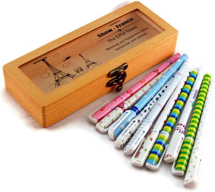 Pontique - A Vintage Wooden Pencil Case and 10 Korean Gel Ink Pens (Paris Eiffel Tower 2)
