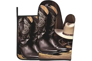 Cowboy Black Hat Western Boots1 Oven Mitts and Pot Holder Set of 2 Heat Resistant Oven Glove Set Non-Slip Potholders Kitchen 