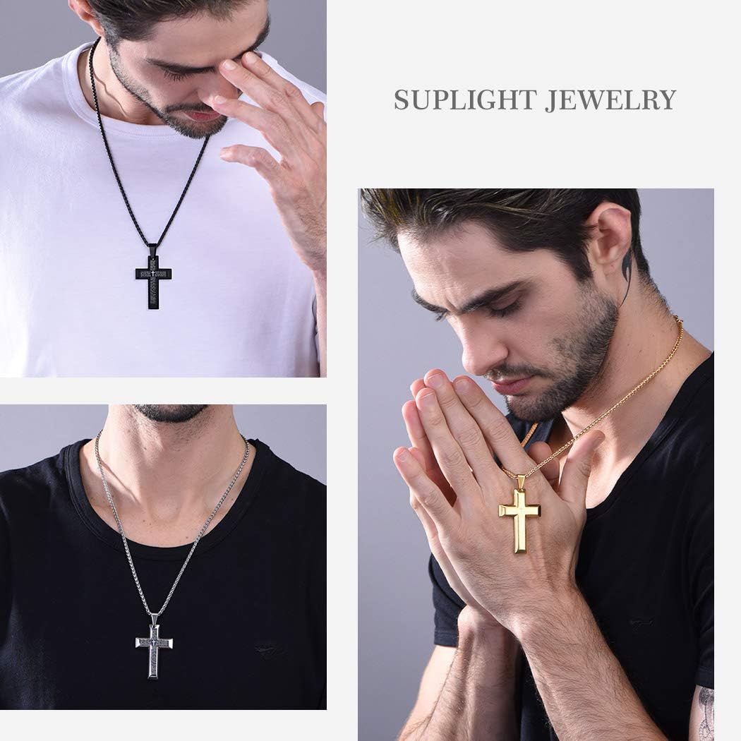 Suplight Lord's Prayer Cross Necklace Classic Pendant Christian Bible Verse Necklace Stainless Steel Black Cross Our Father Prayer Necklace for Men Boys - Image 3