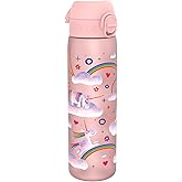 Ion8 Water Bottle, 500 ml/18 oz, Leak Proof, Easy to Open, Secure Lock, Dishwasher Safe, BPA Free, Flip Cover, Carry Handle, Easy Clean, Odor Free, Carbon Neutral, Pink, Unicorn Rainbows Design