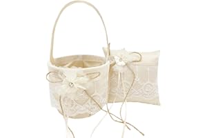 Rustic Flower Girl Basket and Ring Bearer Pillow Set, Champagne Satin Bow Ring Bearer Pillow and Wedding Lace Flower Girl Bas