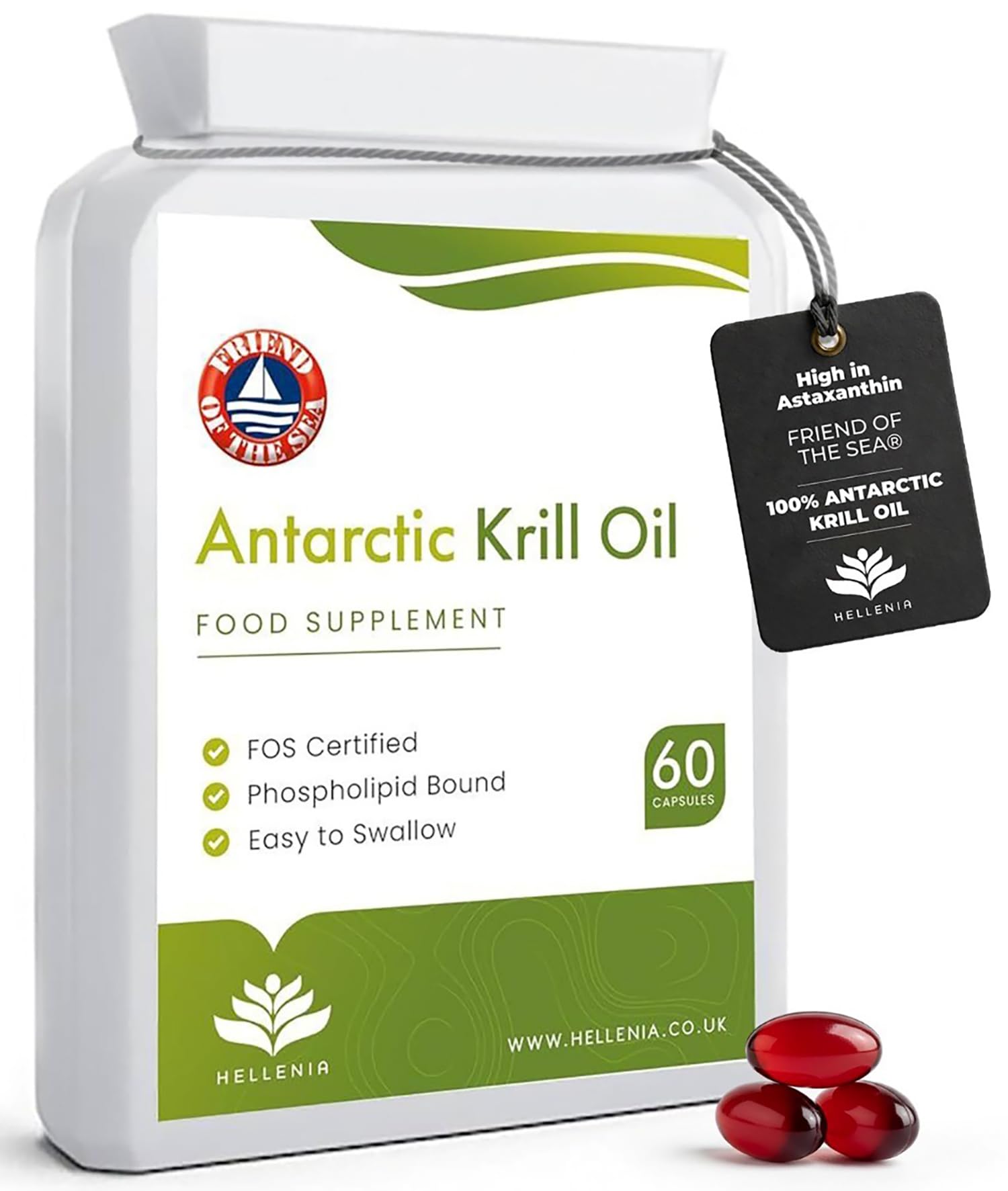 100% Antarctic Krill Oil Capsules 500mg | Natural Source of Astaxanthin & DHA | 1 Month Supply | Krill Oil with Powerful Antioxidant Astaxanthin and Phospholipids | 60 softgels Made for Hellenia