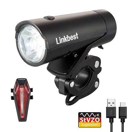Linkbest Fahrradbeleuchtung Set Stvzo zugelassen USB wiederaufladbare Fahrradlicht 50 Lux, Samsung Li-ion Akku 2600mAh, Cree 